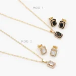 Juego Zirconia Rectangular Blanca y Negra Chapa de Oro 114