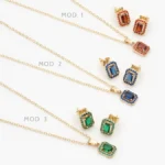 Juego Zirconia Rectángular Roja Azul y Verde Chapa de Oro 115