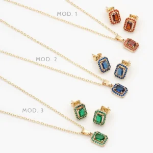 Juego Zirconia Rectángular Roja Azul y Verde Chapa de Oro 115
