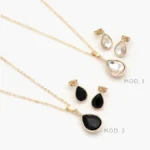 Juego Zirconia Gota Blanca y Negra Chapa de Oro 118