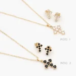 Juego Cruz Zirconia Blanca y Negro Chapa de Oro 121