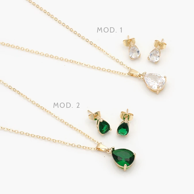 CTJ0124 Juego Zirconia Gota Verde y Blanca Chapa de Oro 124 - Imagen 1