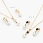 Juego Perlas Zirconia Blanca y Negra Chapa de Oro 129