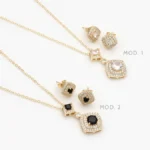 Juego Zirconia Rombo Blanca y Negra Chapa de Oro 133