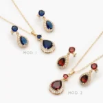 Juego Zirconia Gota Azul y Roja Chapa de Oro 136