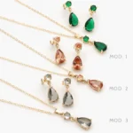 Juego Zirconias Verdes Gris y Salmon Gota  Chapa de Oro 141