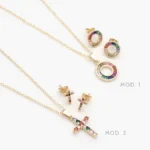 Juego Cruz y Aros Zirconias Colores Chapa de Oro 142 - Modelo 1