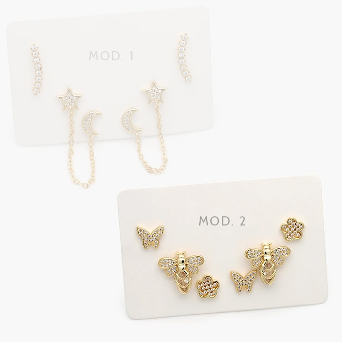 ca20141 Set Aretes Flores Mariposas Abejas Zirconias Blancas Chapa de Oro 0141 - Imagen 1