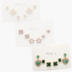 Set Aretes Flores Treboles Corazones Zirconias Verdes Chapa de Oro 0144 - Modelo 1