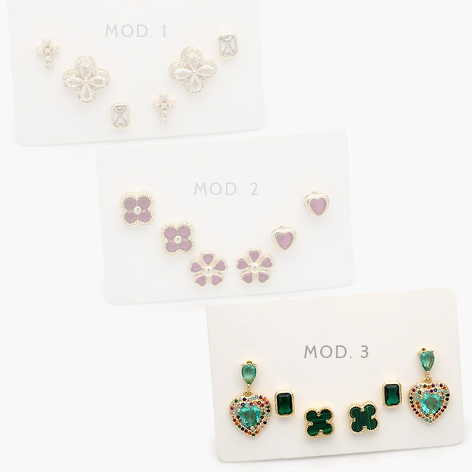 ca20144 Set Aretes Flores Treboles Corazones Zirconias Verdes Chapa de Oro 0144 - Imagen 1