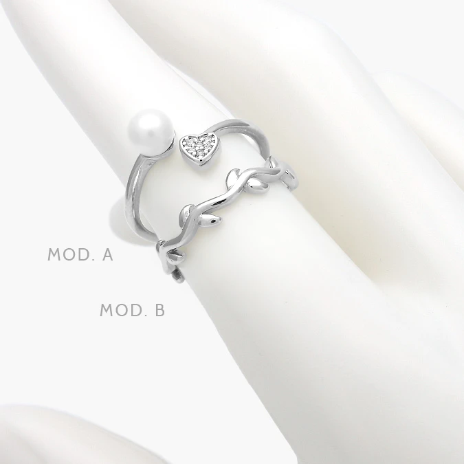 AB0646 Anillo Ajustable Corazón Perla Chapa de Rodio 646 - Imagen 1