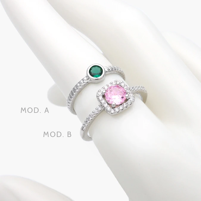 AB0664 Anillo Ajustable Zirconia Verde y Rosa Chapa de Rodio 664 - Imagen 1