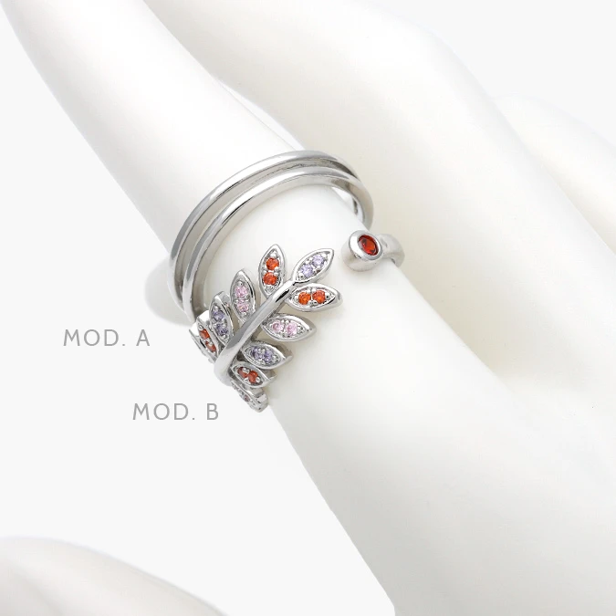 AB0674 Anillo Ajustable Olivo Zirconias Rojas Rosas Chapa de Rodio 674 - Imagen 1