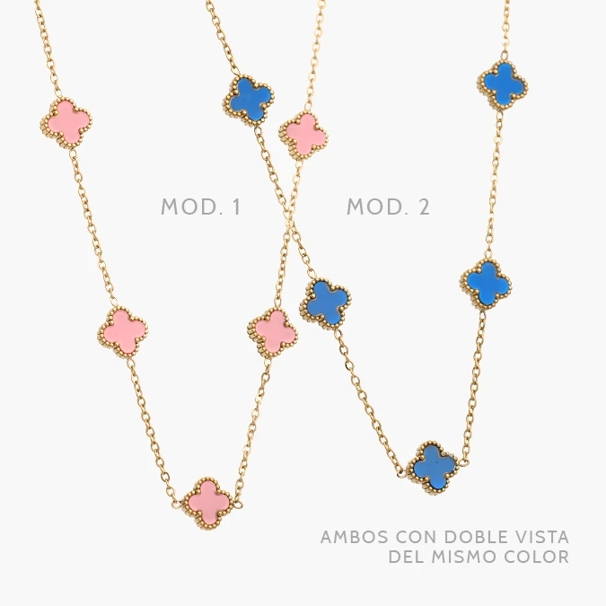 AD0619 Collar Flores Tréboles Rosas y Azules 10 mm. Acero Inoxidable 619 - Imagen 1