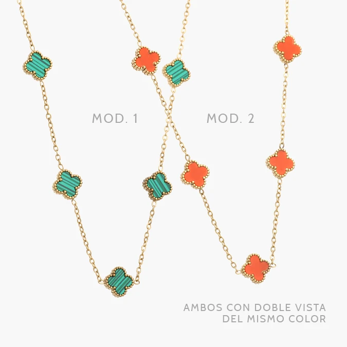 AD0620 Collar Flores Tréboles Verdes y Naranjas 10mm. Acero Inoxidable 620 - Imagen 1