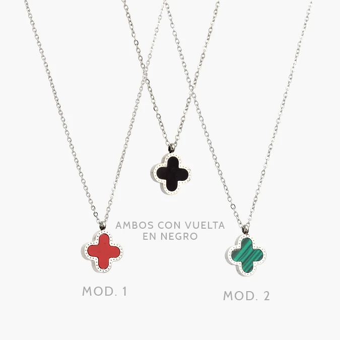 AD0626 Collar Flores Trébol Verde, Negro y Rojo 13 mm. Acero Inoxidable 626 - Imagen 1