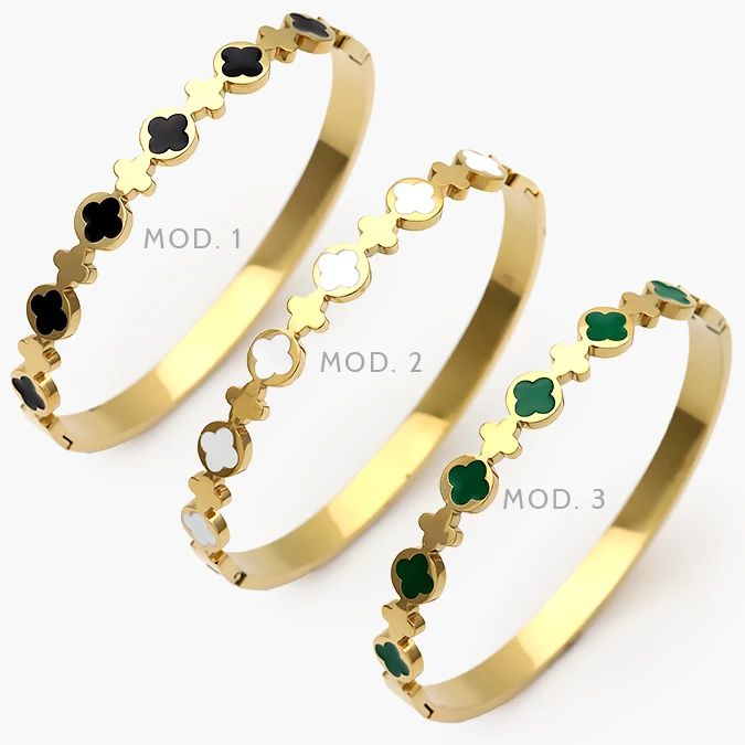 AP0832 Brazalete Flores Tréboles Negros Blancos y Verdes Acero Inoxidable 832 - Imagen 1