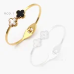 Brazalete Flor Trébol Negro y Blanco Acero Inoxidable 837
