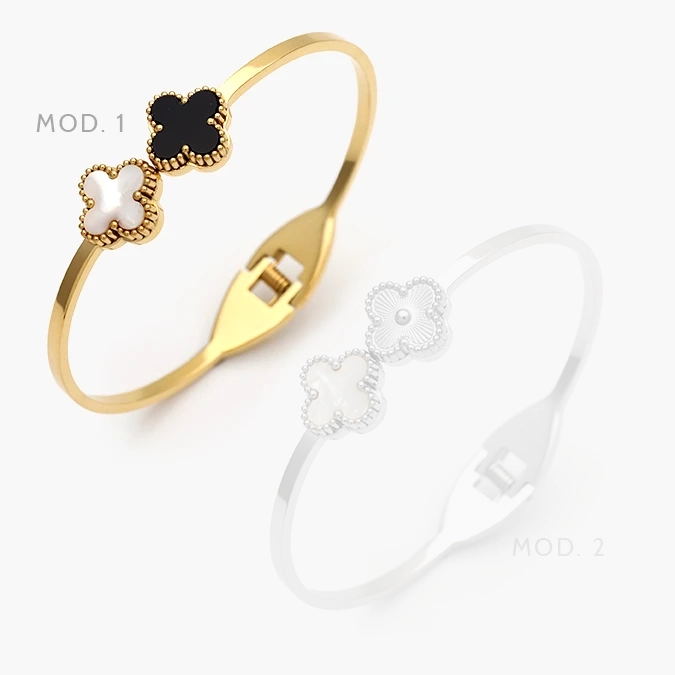 AP0837 Brazalete Flor Trébol Negro y Blanco Acero Inoxidable 837 - Imagen 1
