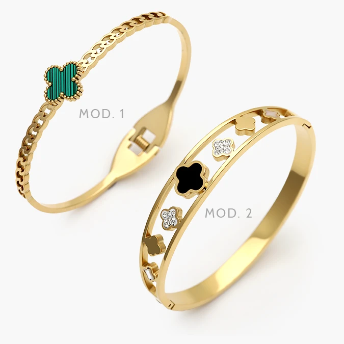 AP0840 Brazalete Flor Trébol Verde y Negro Acero Inoxidable 840 - Imagen 1