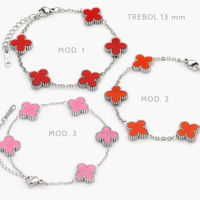 AP0845 Pulso Flores Tréboles Rojas Naranjas y Rosas 13mm. Acero Inoxidable 845 - Imagen 1
