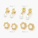 Broqueles Flores Perlas Colgantes con Zirconias Blancas Chapa de Oro 425 - Modelo 1