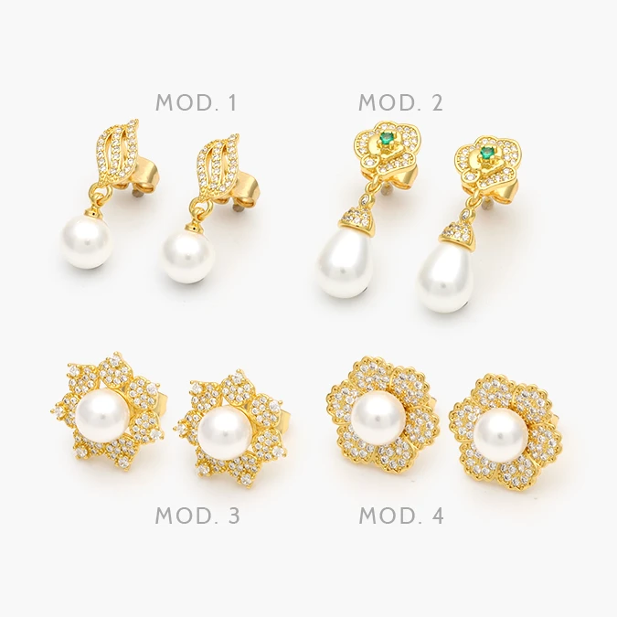 CA50425 Broqueles Flores Perlas Colgantes con Zirconias Blancas Chapa de Oro 425 - Imagen 1