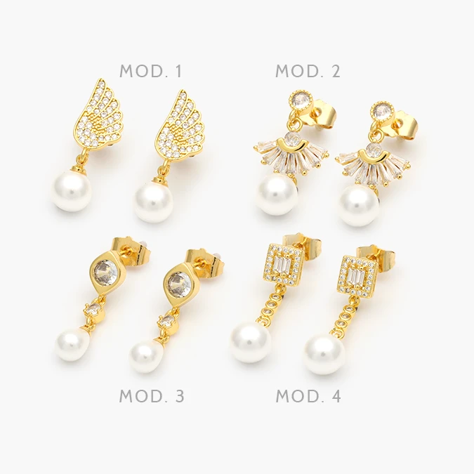 CA50427 Broqueles Perlas Colgantes con Zirconias Blancas Chapa de Oro 427 - Imagen 1