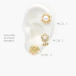 Broqueles Flor Caracol Perlas Zirconia Blanca Chapa de Oro 444 - Modelo 1