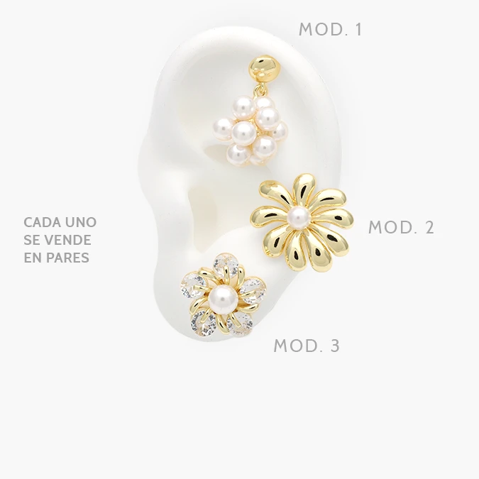 CA50446 Broqueles Flores Perla Zirconia Blanca Chapa de Oro 446 - Imagen 1