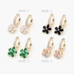 Arracadas Hoops Flores Zirconia Blanca Negra Verde y Rosa Chapa de Oro 18