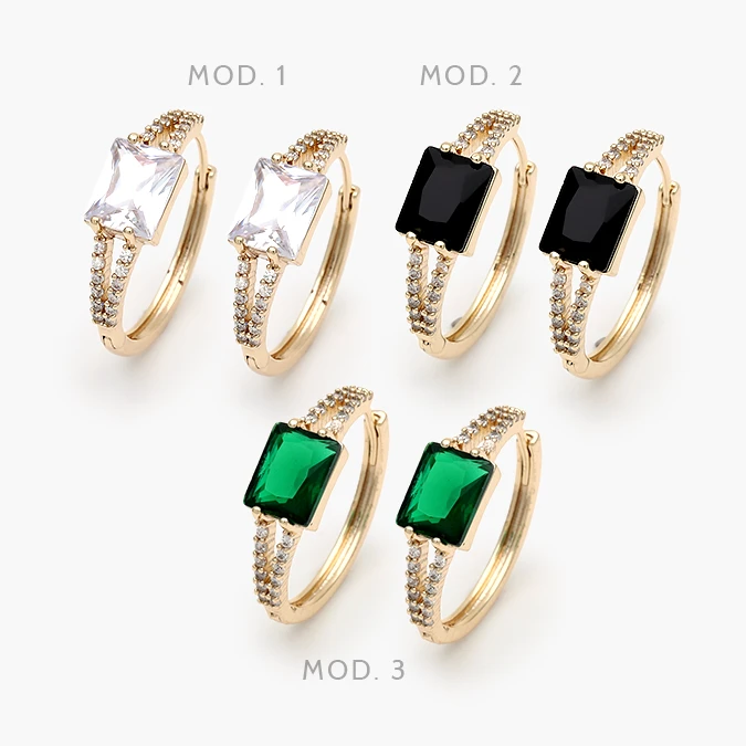 Grupo-38 Arracadas Zirconia Blanca Negra y Verde Chapa de Oro 38 - Imagen 1