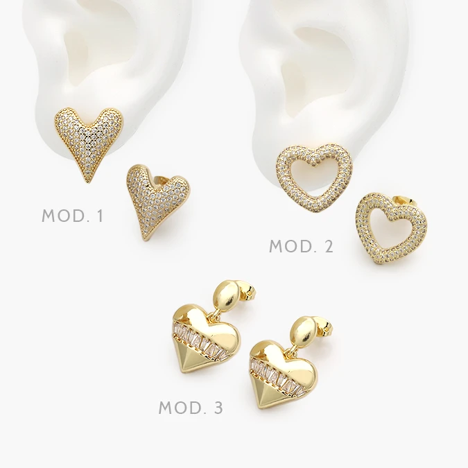 CA10691 Aretes Corazones Zirconias Blancas Chapa de Oro 691 - Imagen 1