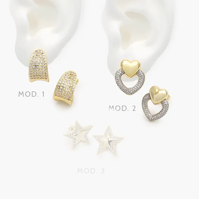 CA10694 Aretes Zirconias Blancas Bicolor Chapa de Oro 694 - Imagen 1