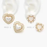 Aretes Corazones Perlas Grandes con Zirconia Blanca Chapa de Oro 703
