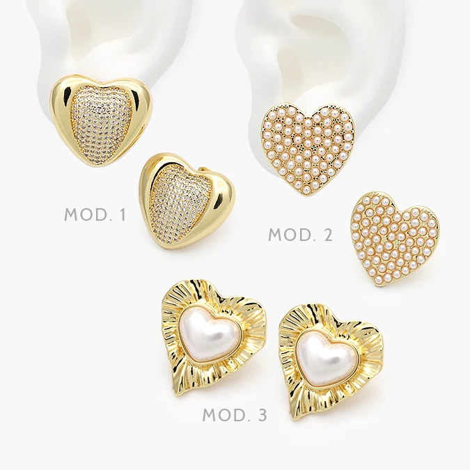 CA10704 Aretes Corazones Perlas Grandes Chapa de Oro 704 - Imagen 1
