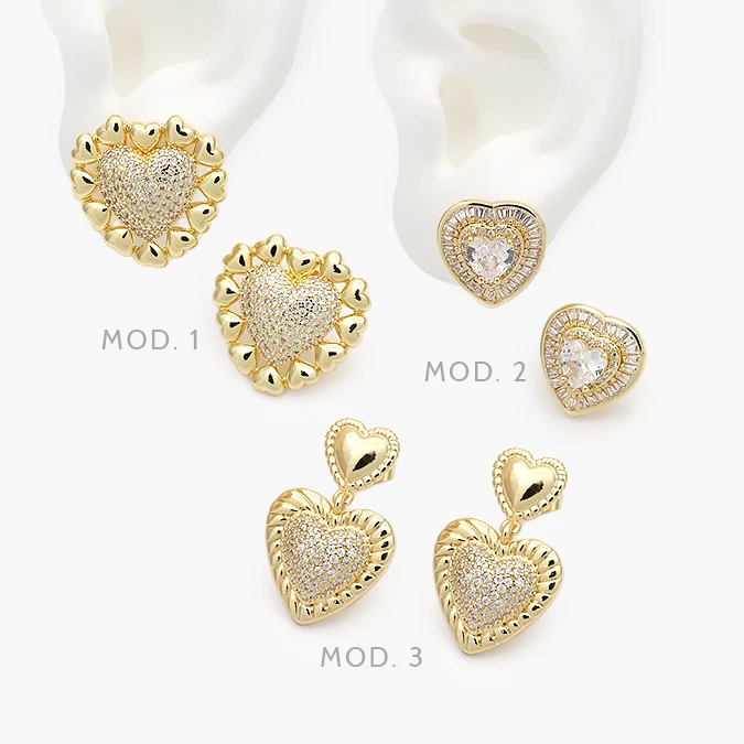CA10705 Aretes Corazones Zirconia Blanca Chapa de Oro 705 - Imagen 1