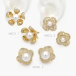 Aretes Flores Perla con Zirconia Blanca Chapa de Oro 709