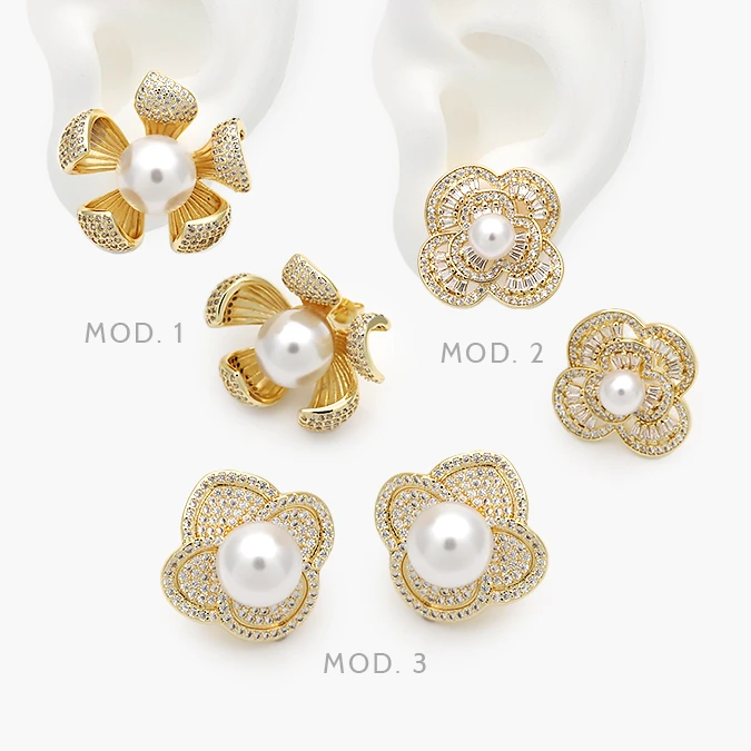 CA10709 Aretes Flores Perla con Zirconia Blanca Chapa de Oro 709 - Imagen 1