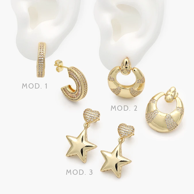 CA10711 Aretes Zirconias Blancas Corazón Estrellas Colgantes Chapa de Oro 711 - Imagen 1