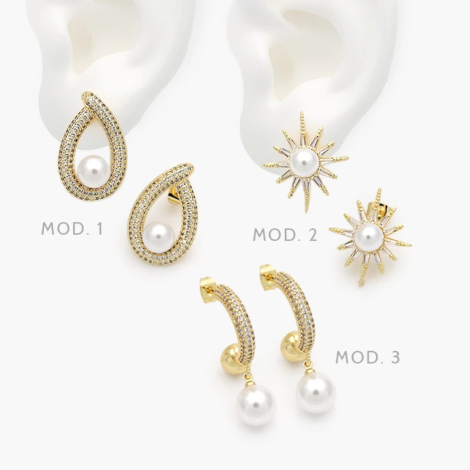 CA10715 Aretes Perlas con Zirconias Blancas Estrella Chapa de Oro 715 - Imagen 1