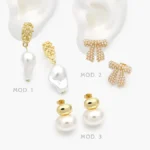 Aretes Perlas Colgantes Moño Chapa de Oro 716