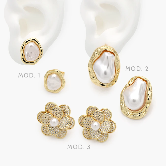 CA10717 Aretes Perlas Grandes y Zirconia Blanca Flor Chapa de Oro 717 - Imagen 1
