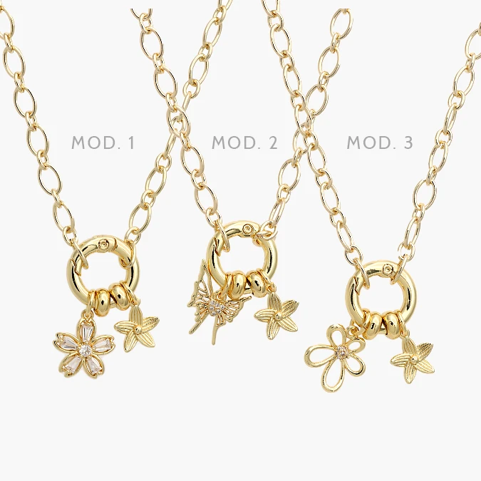 CD0567 Collar Argolla Flores & Mariposas Chapa de Oro 567 - Imagen 1