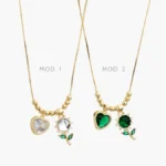 Collar Corazón & Flor Zirconias Blancas y Verdes Chapa de Oro 568 - Modelo 1