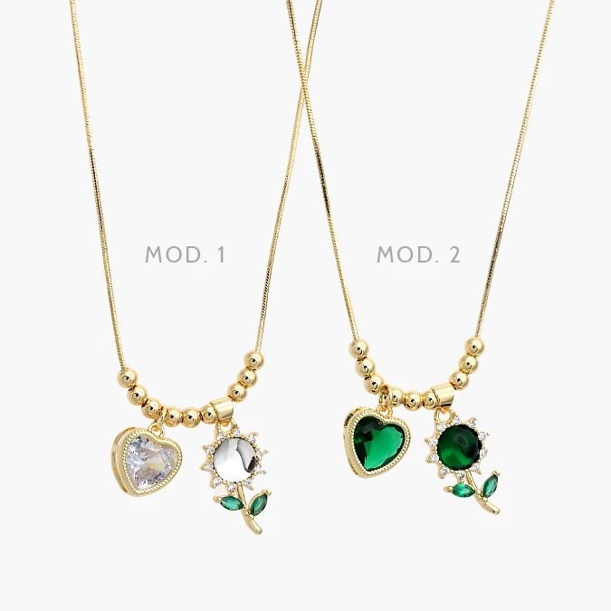 CD0568 Collar Corazón & Flor Zirconias Blancas y Verdes Chapa de Oro 568 - Imagen 1