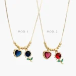 Collar Corazón & Flor Zirconias Azules y Rojas Chapa de Oro 569