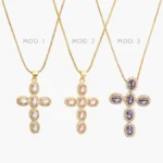 Collar Cruz Zirconias Blancas Rosas y Moradas Chapa de Oro 411