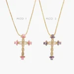 Collar Cruz Zirconias Rosas y Moradas Chapa de Oro 412 - Modelo 1