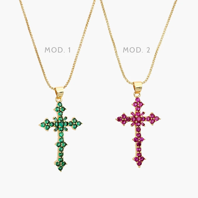CDR0413 Collar Cruz Zirconias Verde y Violeta Chapa de Oro 413 - Imagen 1